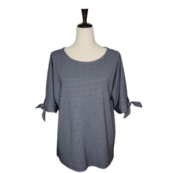 Talbots Navy Blue & White Gingham Tie Elbow Sleeve Blouse Size L - Picture 1 of 7